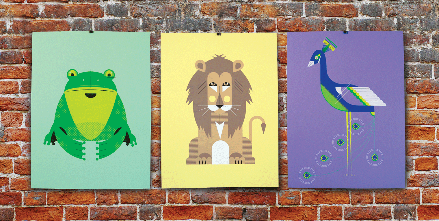 Photo of screenprinted posters depicting A Modern Eden animals