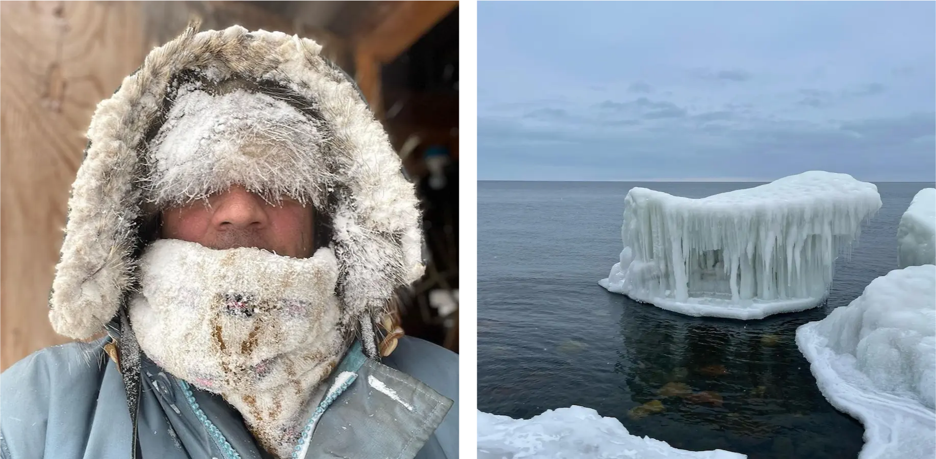 Kristofer Bowman covered in snow, and icebergs on Lake Superior